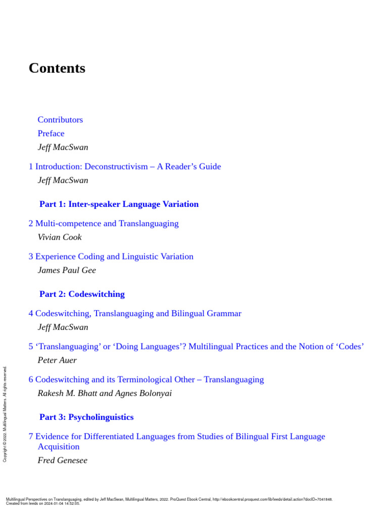 Multilingual Perspectives On Translanguaging - (Contents) | PDF ...