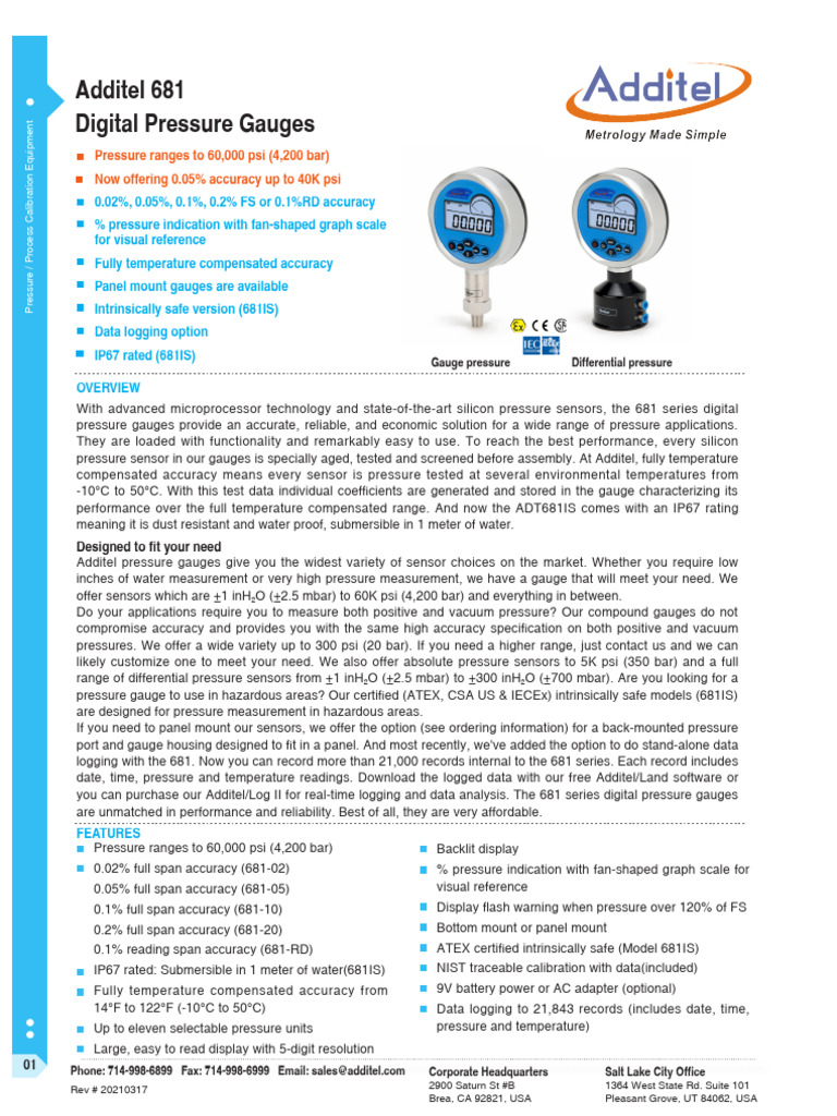 681 Digital Pressure Gauge Datasheet | PDF | Pressure Measurement ...