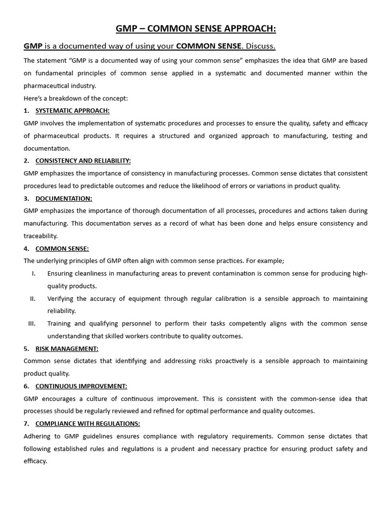 Common Sense in GMP Practices | PDF | Reliability Engineering | Quality ...