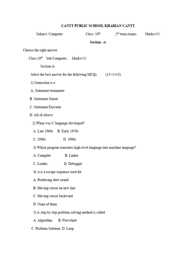 8th Computer 2nd Term Exam | PDF