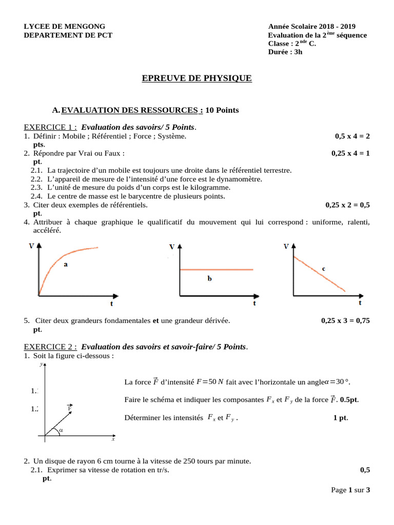 Évaluation de Physique 2nde C - Lycée Mengong | PDF | Poids | Sciences ...