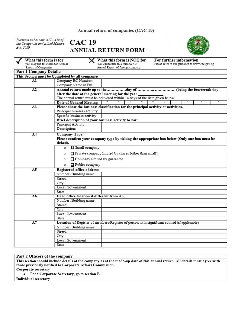 Annual Return Form CAC 19 Overview | PDF | Partnership | Identity Document