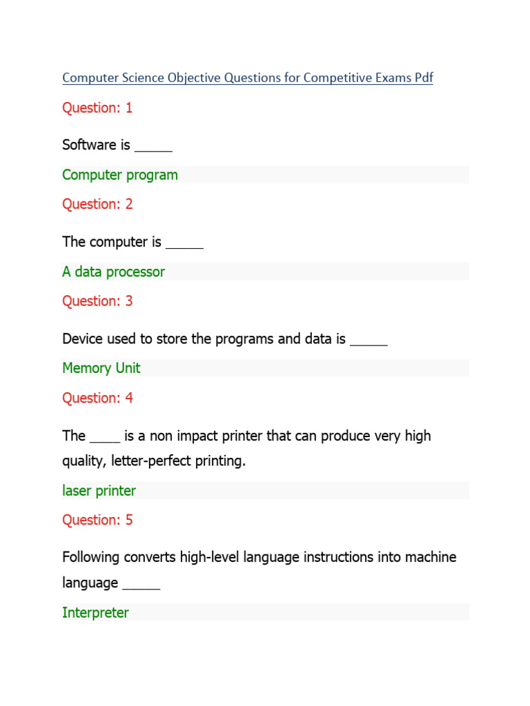 Computer Science Objective Questions For Competitive Exams | PDF