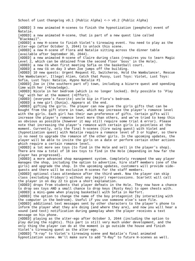 School of Lust Changelog v0.1 to v0.2 | PDF