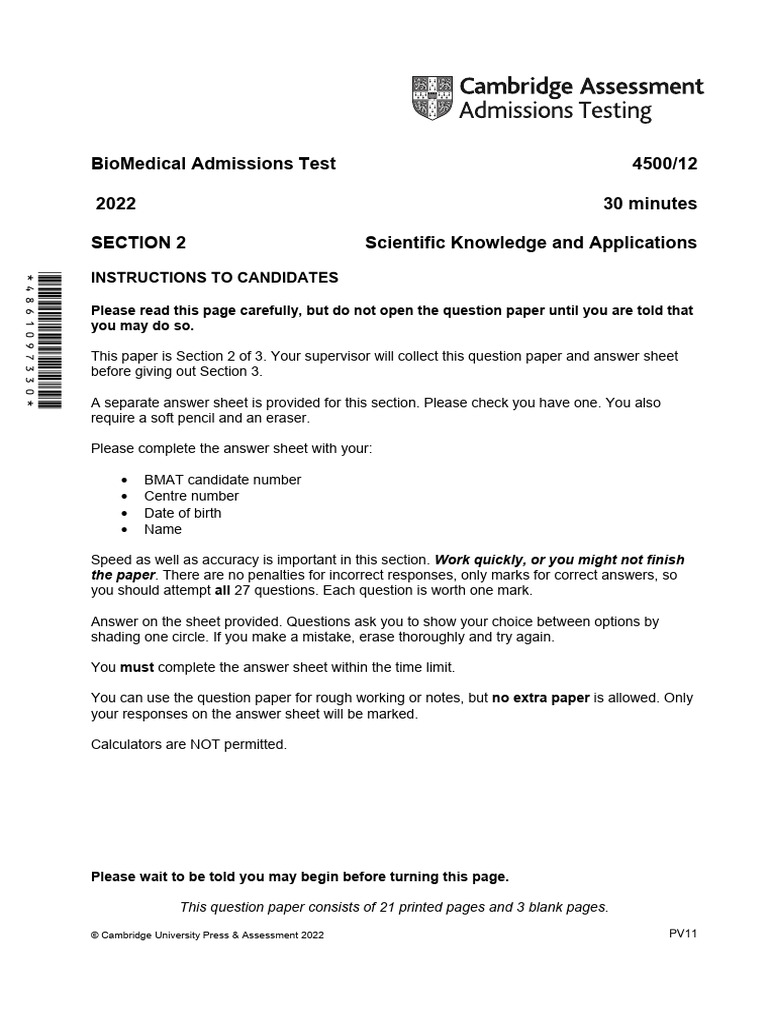 BMAT 2022 Section 2 Practice Paper | PDF | Chemistry | Physical Sciences