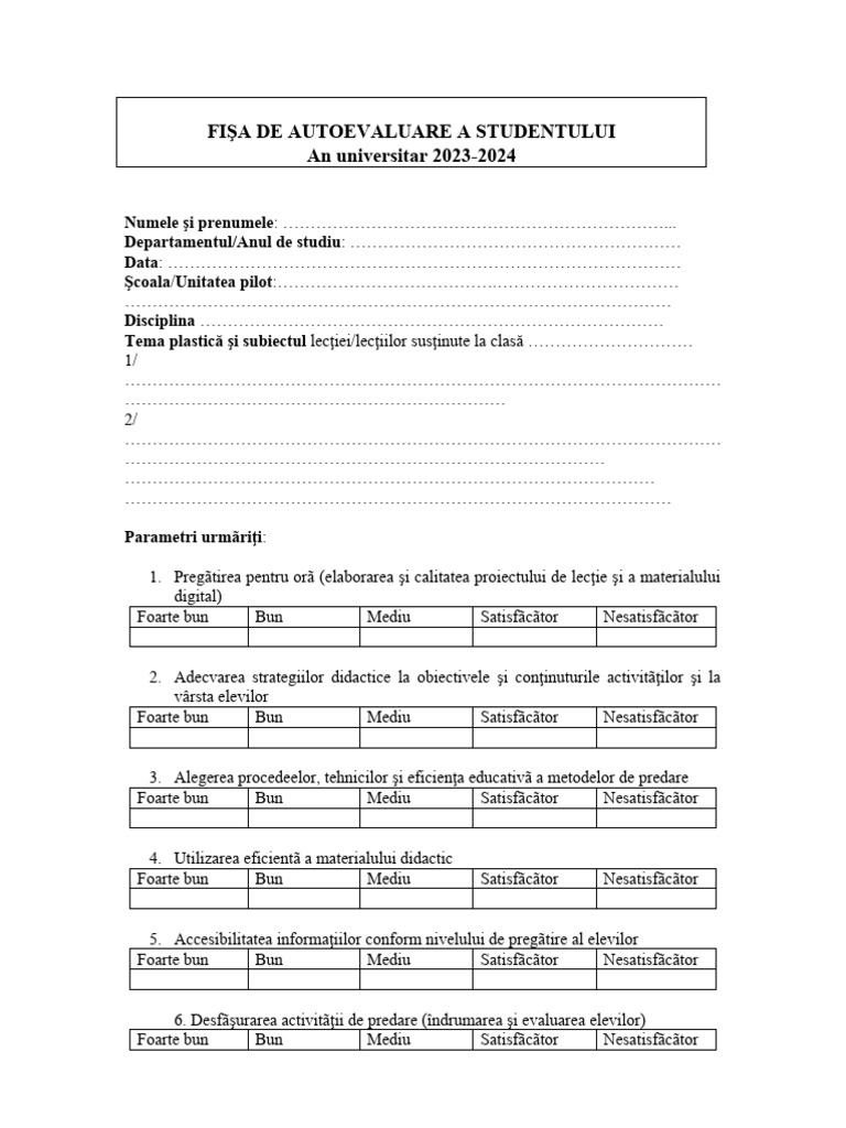 AUTOEVALUARE STUDENT Formular | PDF