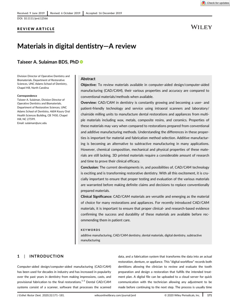 J Esthet Restor Dent - 2020 - Sulaiman - Materials in Digital Dentistry ...