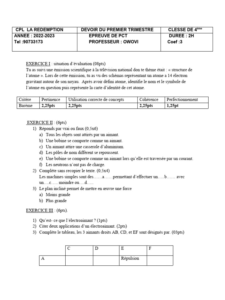 Épreuve de PCT 4ème - Devoir 1er Trimestre | PDF