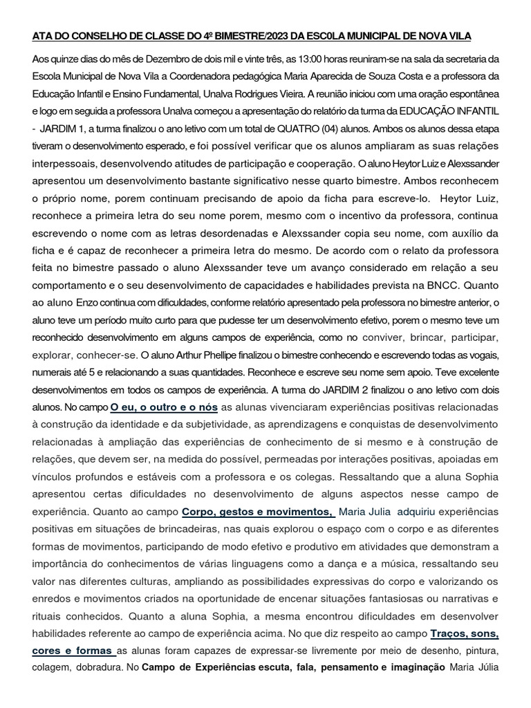 Ata Do Conselho de Classe Do 4º Bimestre | Download grátis PDF ...