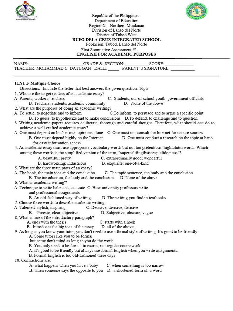 English Academic Assessment Guide | PDF