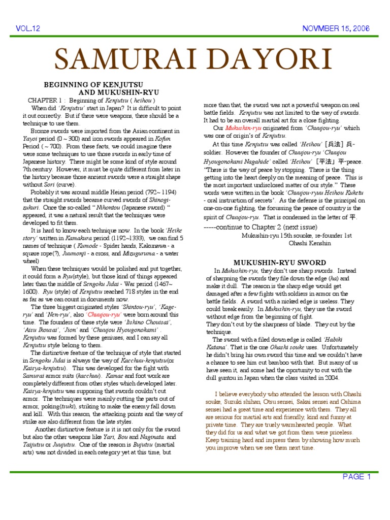 Origins of Kenjutsu and Mukushin-ryu | PDF | Kanji | Japanese Words And ...