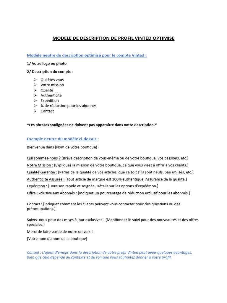 Modèle de description pour profil Vinted | PDF