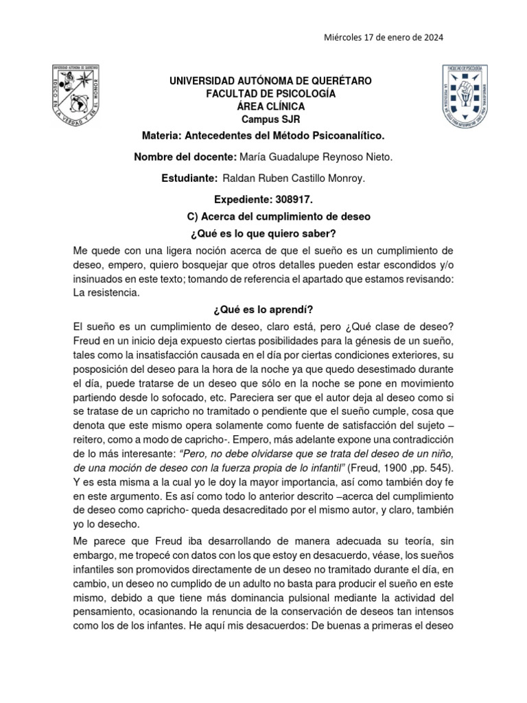 Acerca Del Cumplimiento de Deseo PDF Mente inconsciente Sigmund Freud