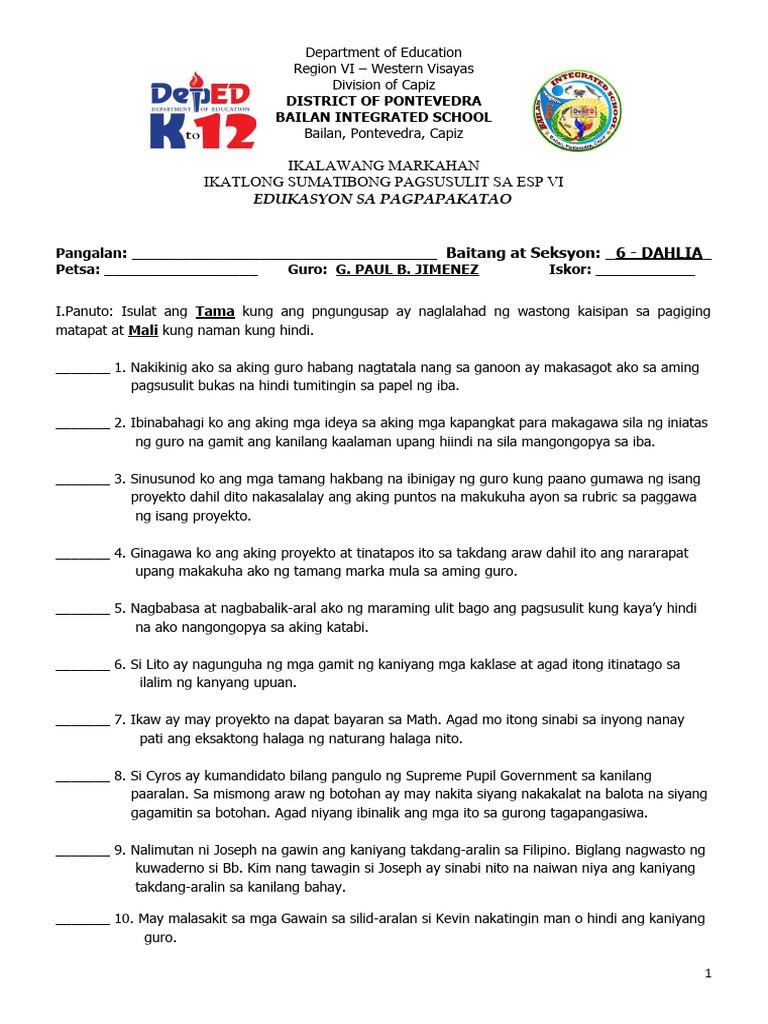 A4 Size Summative Test in Esp 6 Quarter 2 - ST 3 Based On Melc S.Y ...