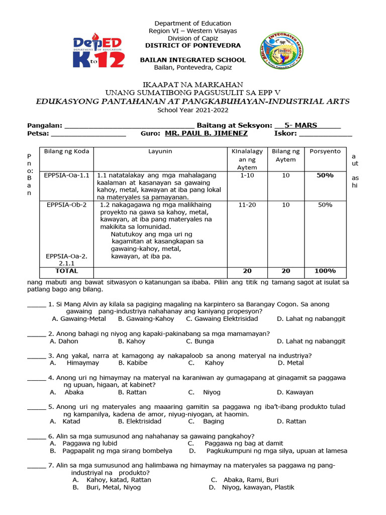Long Bondpaper 1st4th Summative Tests in Epp 5Industrial Arts S.Y