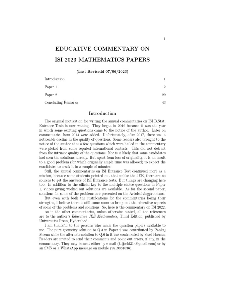 ISI 2023 Mathematics Paper Commentary | PDF | Triangle | Area