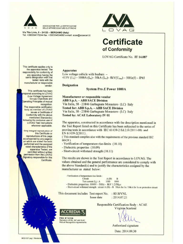 Certificate Lovag Acae IT 14.087 System Pro E Power LS 1000A | PDF