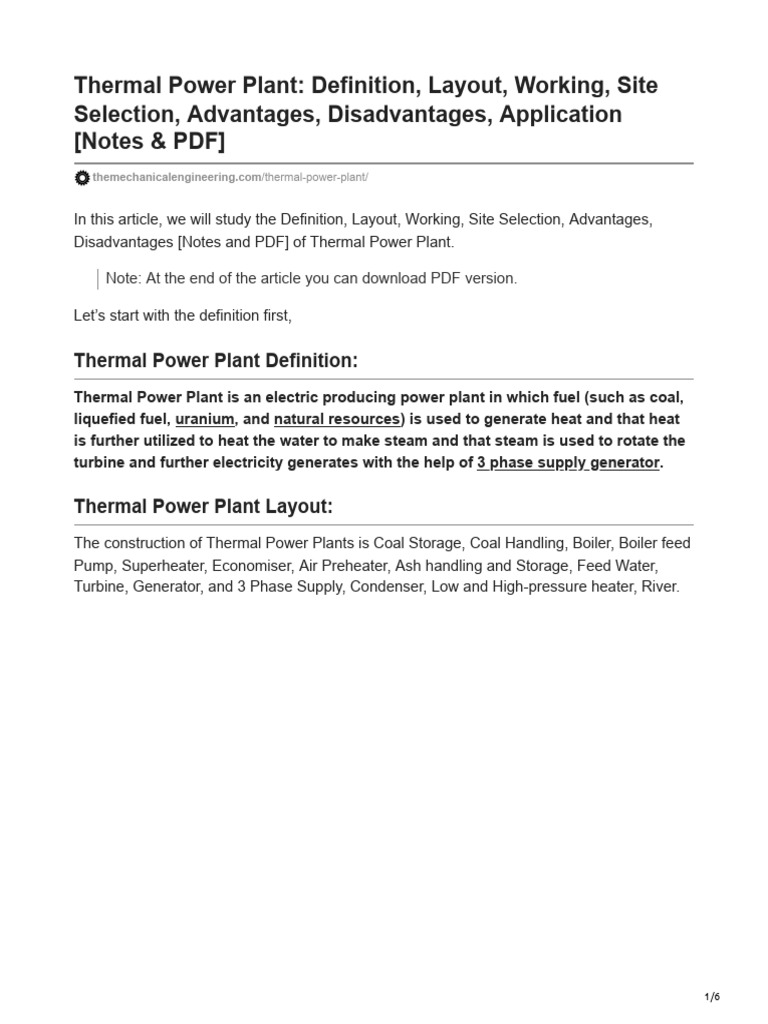 Thermal power plant definition layout working site selection advantages