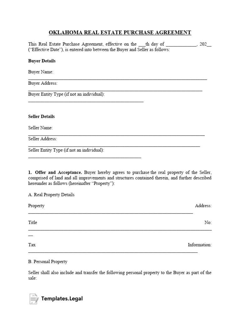 Oklahoma Real Estate Purchase Agreement Templates Legal Download