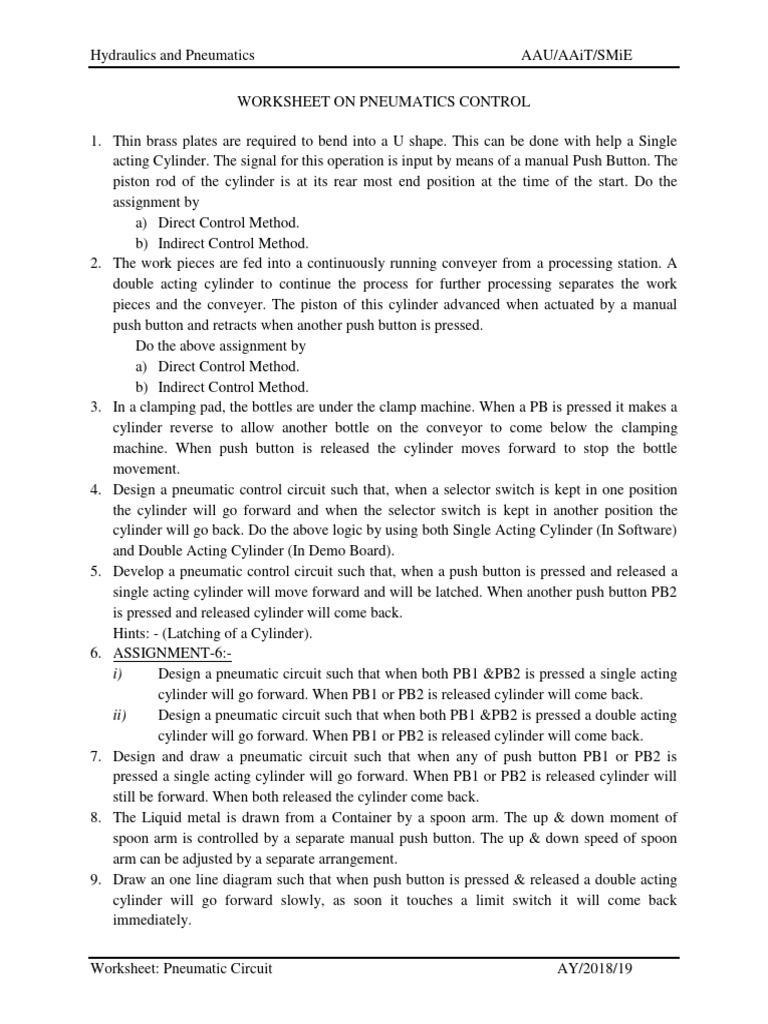 Worksheet On Pneumatic Circuit PDF Valve Tools