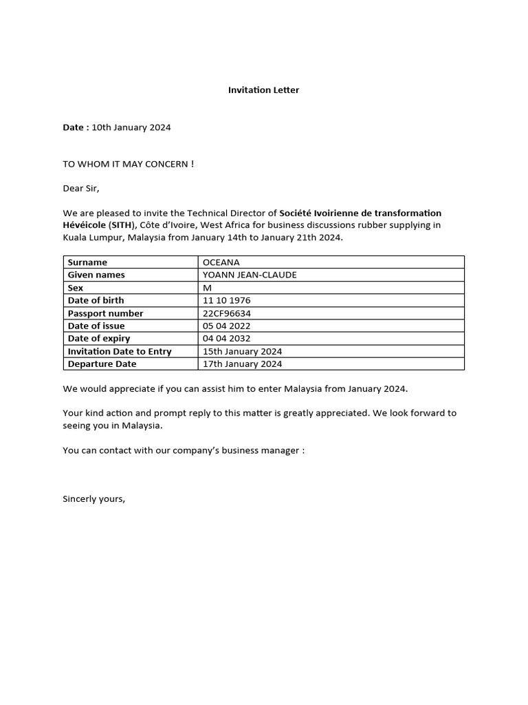 Invitation for SITH Director to Malaysia | PDF
