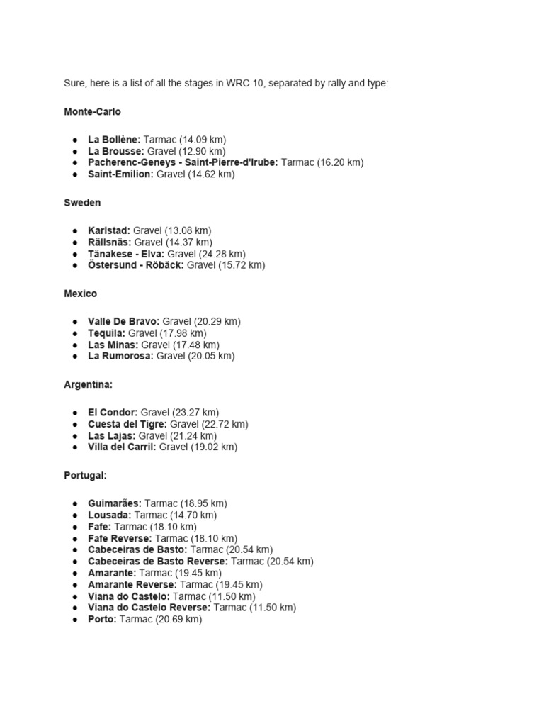 WRC 10 Rally Stages and Tracks List | PDF | Sports & Recreation ...