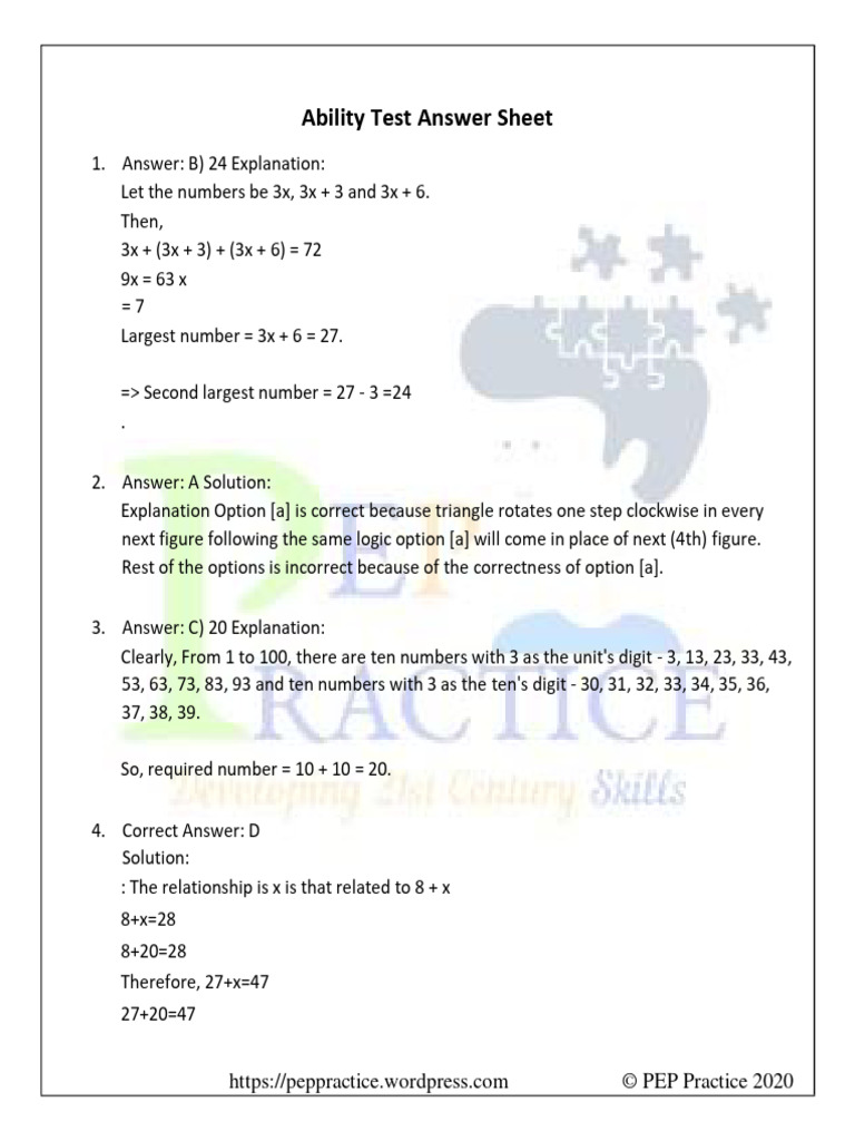 Pep Practice Ability Test Booklet Answer Sheet C2a9 Pep Practice 2020