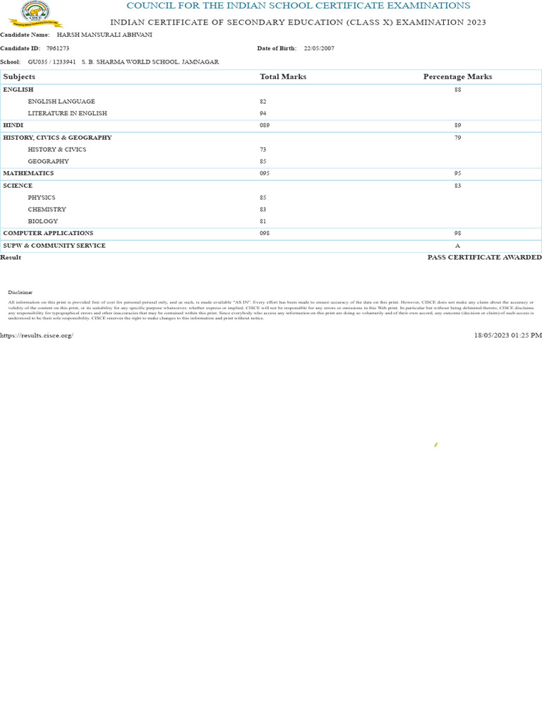 Result Pdf Information Science