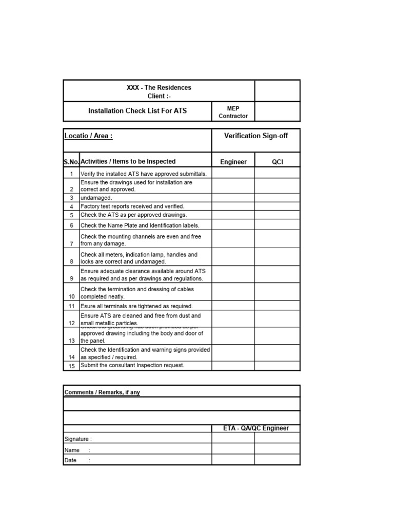 Installation Check List For ATS | PDF