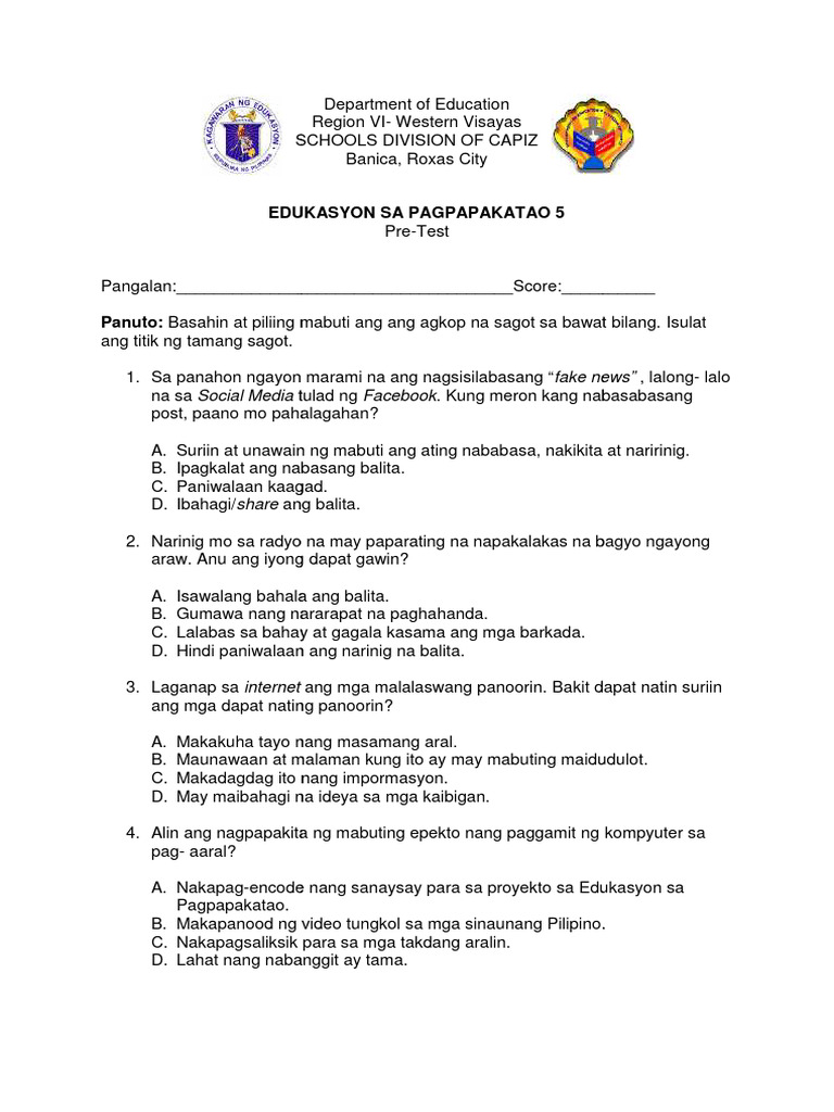 PRE-TEST IN EsP 5 | PDF