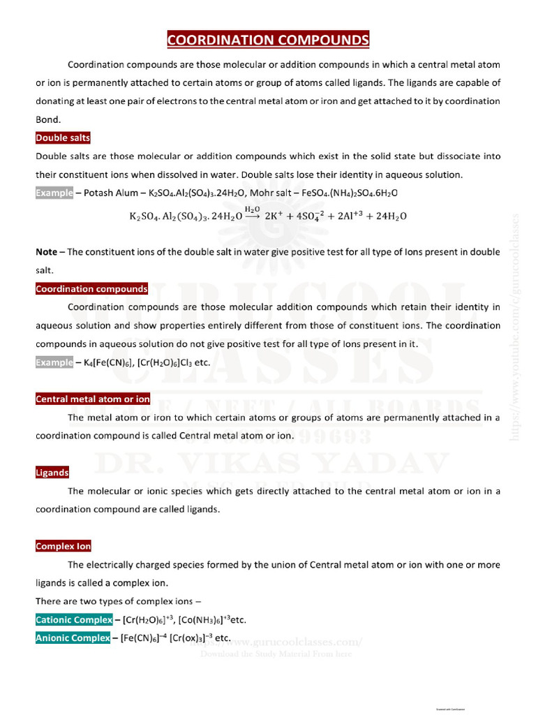 Coordination Compounds Notes Pdf