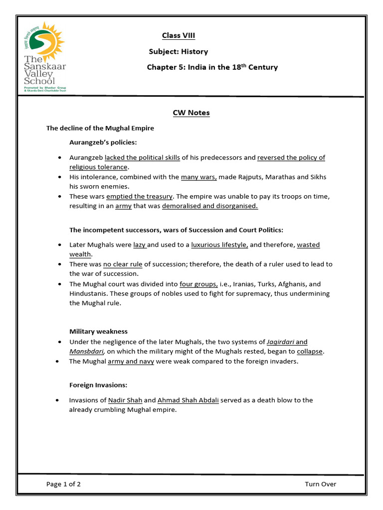 23-24 CW NOTES India in The 18th Century | PDF | Classics