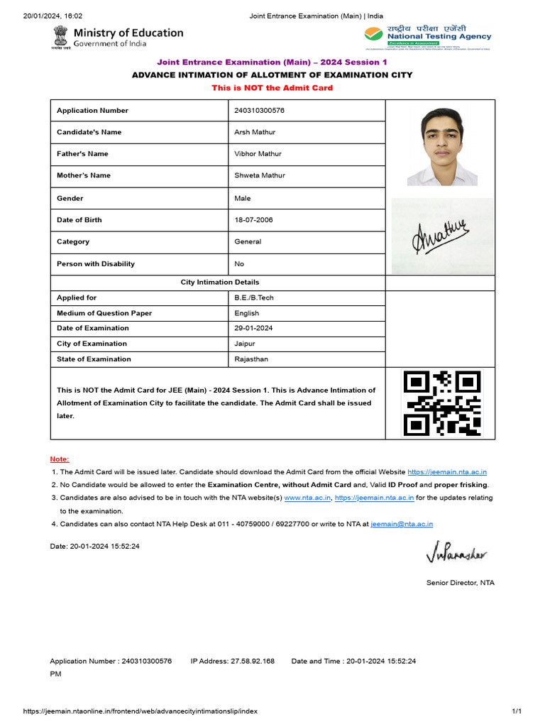 Joint Entrance Examination (Main) - India 20 Jan 2024 | PDF ...