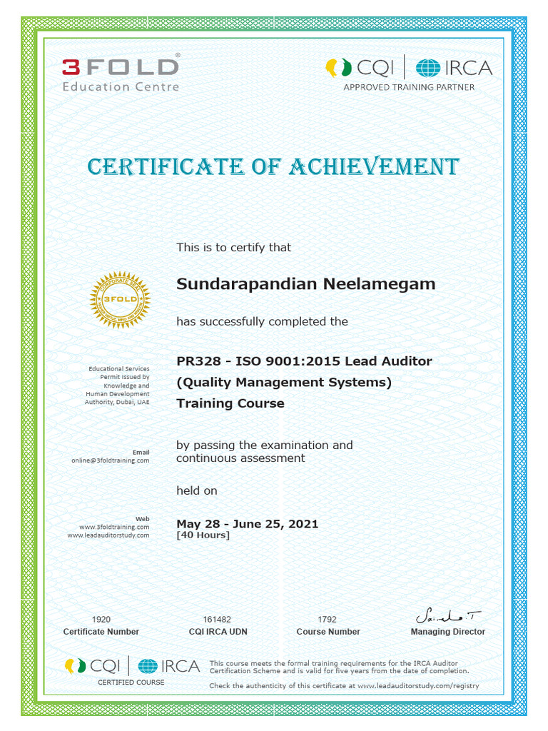CQI IRCA QMS Certificate of Achievement - Sundarapandian Neelamegam | PDF