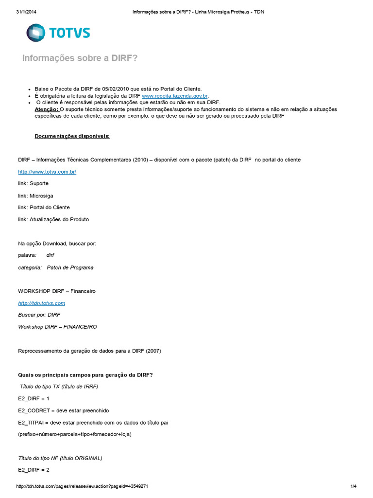 Guia Completo sobre DIRF no Protheus | PDF | Impostos | Recibo