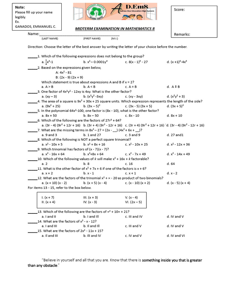 Mathematics 8 Midterm Exam | PDF