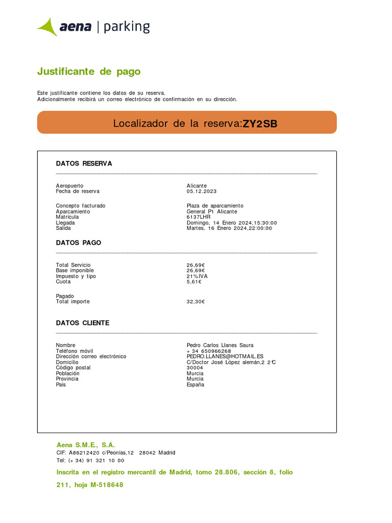 AENA_ Justificante de pago ZY2SB | PDF