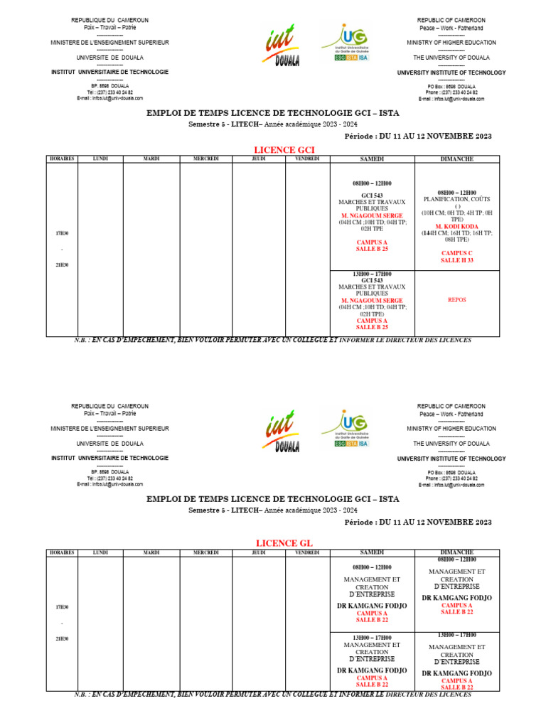 Emploi du Temps Licence Technologique GCI | PDF