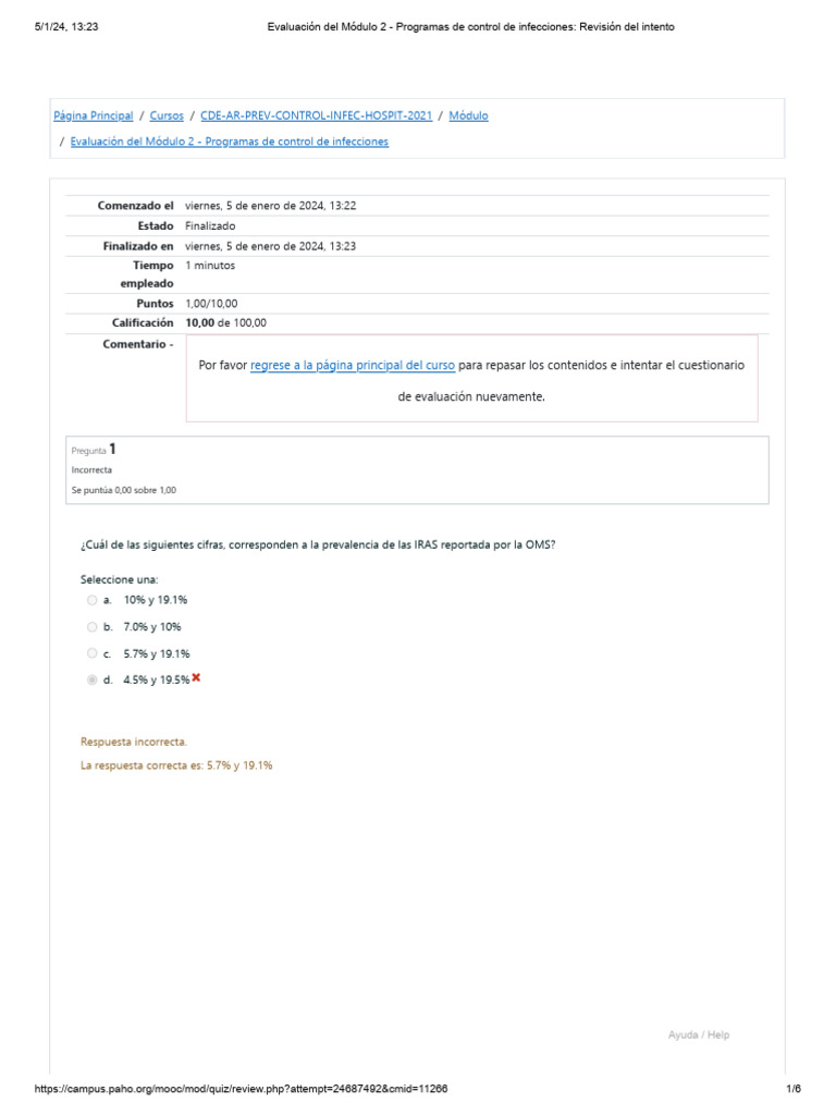 Evaluación Del Módulo 2 Programas De Control De Infecciones