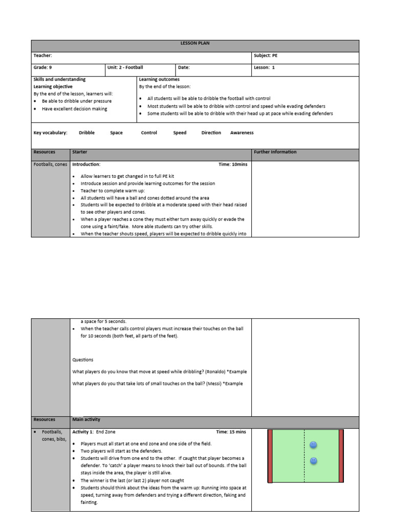 Grade 9 Football Dribbling & Passing Plan | PDF | Learning | Lesson Plan
