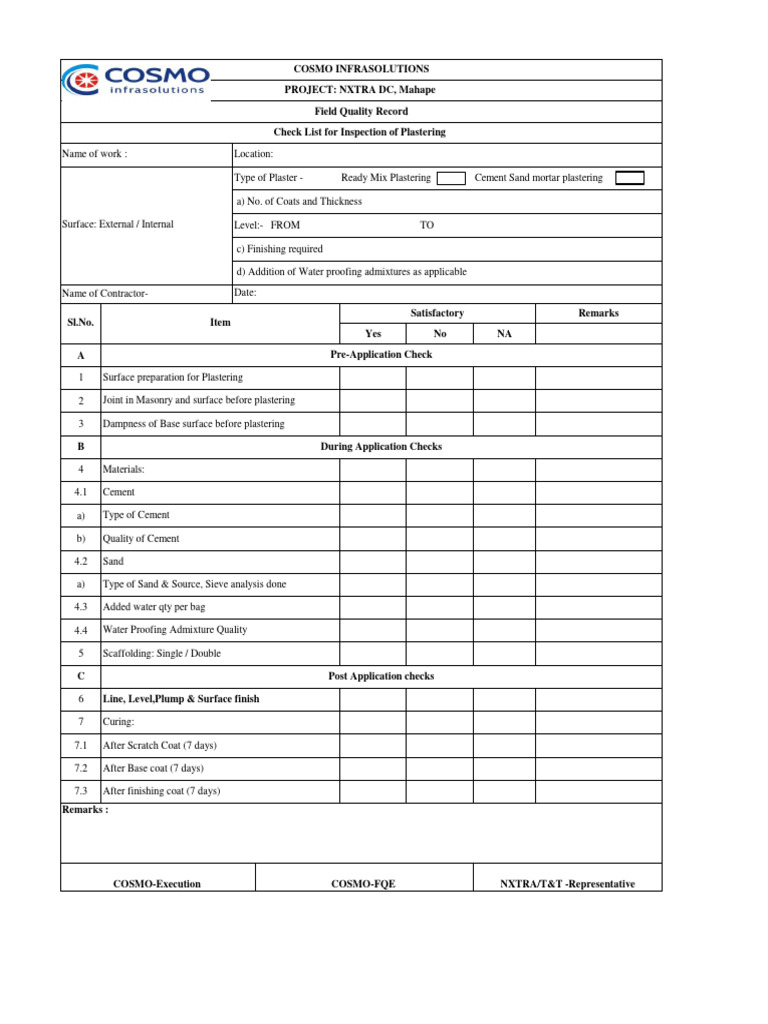 Plastering Inspection Checklist for NXTRA DC | PDF