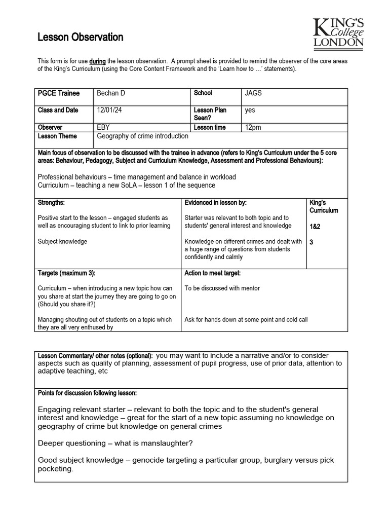 Lesson Observation 12-01-24 | PDF | Curriculum | Cognitive Science