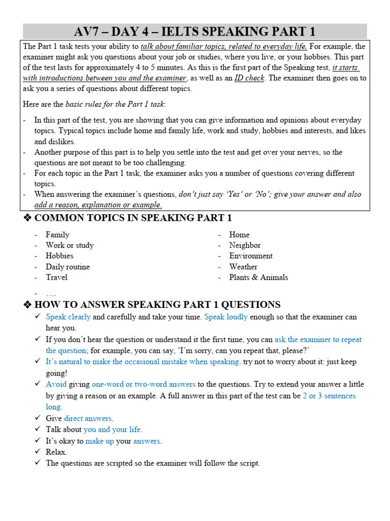 Av7 - Day 4 - Ielts Speaking Part 1-2 | PDF | International English ...