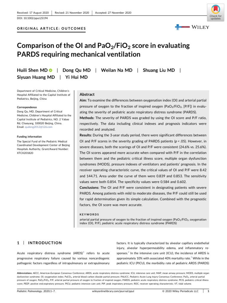 Evaluating PARDS: OI vs. P/F Scores | PDF | Receiver Operating ...