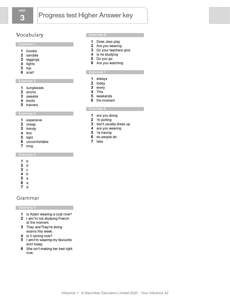 Unit 3 Progress Test Answer Key | PDF
