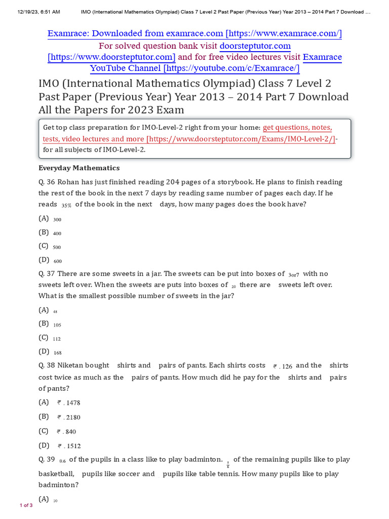 IMO Class 7 Level 2 Past Paper 2013-14 | PDF