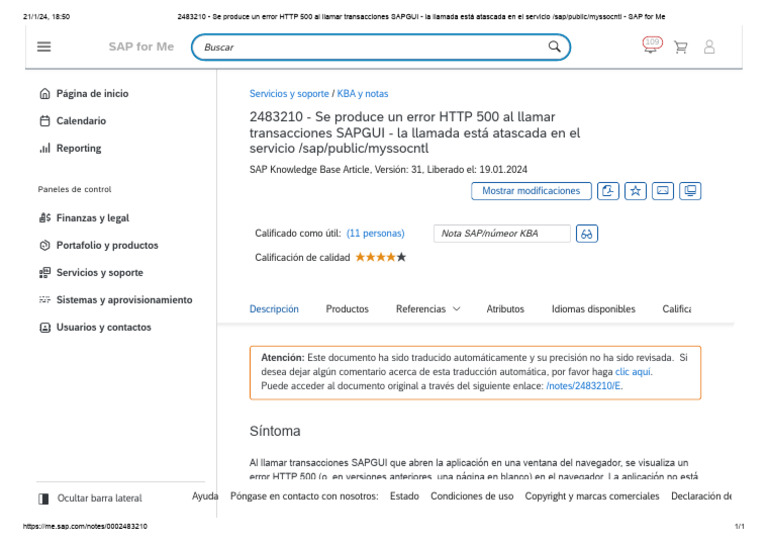 Se Produce Un Error HTTP 500 Al Llamar Transacciones SAPGUI La
