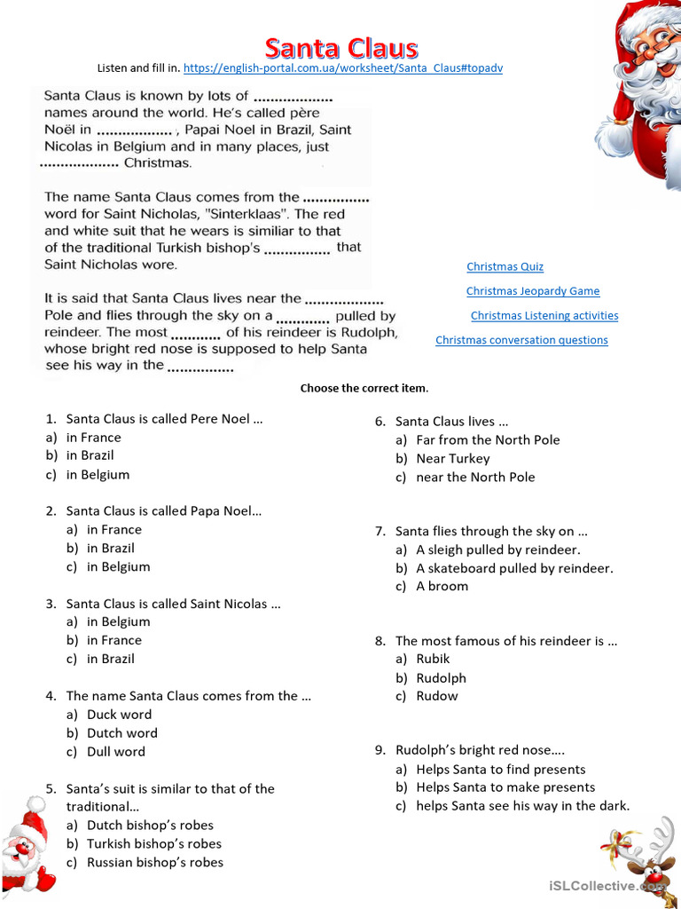 Christmas Listening Activities and Quiz | PDF | Santa Claus | Santa ...