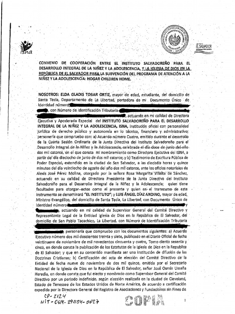 Convenio de cooperaci n entre isna y la iglesia de dios en la republica