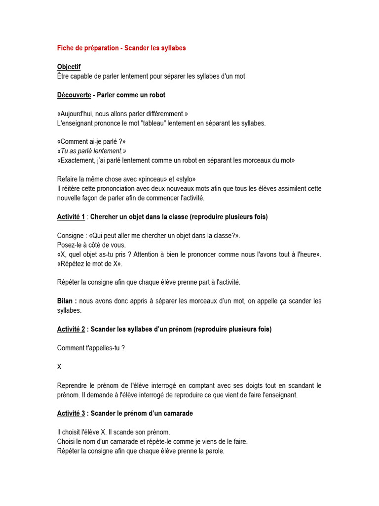 Fiche de Préparation - Scander Les Syllabes | PDF